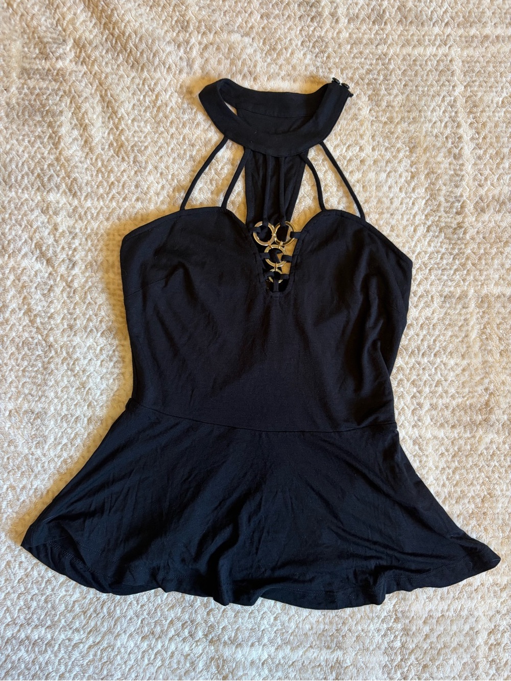 GUESS Y2K Black Halter Top Gold Ring Cutout Clubwear XS